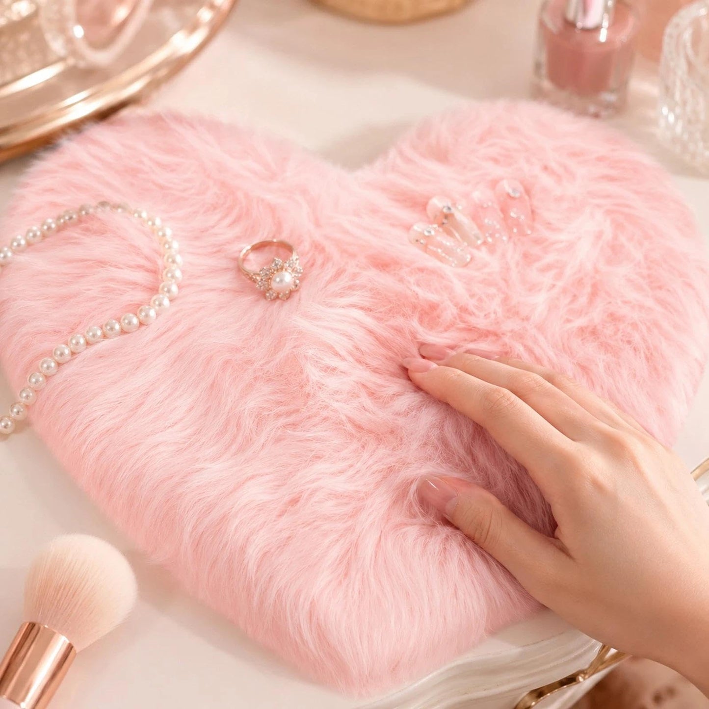 LOGOFUN Nail Background Mat for Pictures Faux Fur Nail Mat for Pictures Heart Shaped Fluffy Nail Cushion for Nail Display Photography - Pink (19.65X17.29X0.39in)