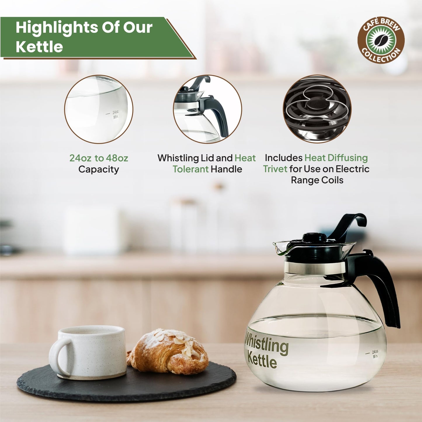 Borosilicate Glass Stove Top Whistling Tea Kettle - 12 Cup/48oz Capacity - BPA-Free - German Made Glass Kettle for Gas, Electric, and Glass Ranges