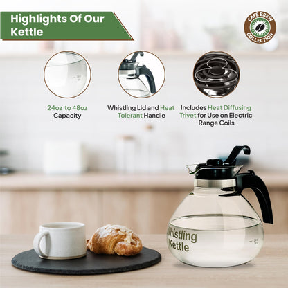 Borosilicate Glass Stove Top Whistling Tea Kettle - 12 Cup/48oz Capacity - BPA-Free - German Made Glass Kettle for Gas, Electric, and Glass Ranges