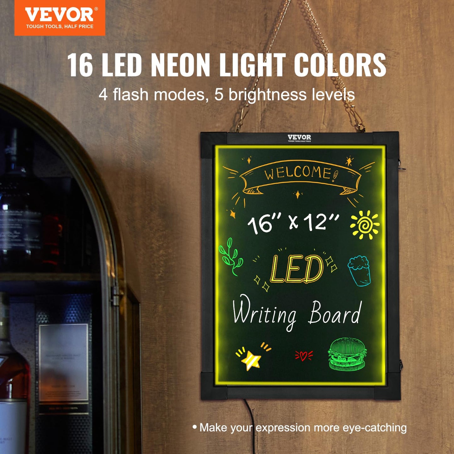 VEVOR 32"x24" LED Message Writing Board, Menu Sign Boards, Illuminated Erasable Lighted Chalkboard, Neon Effect Drawing Panel with 8 Fluorescent Chalk Markers and Remote Control