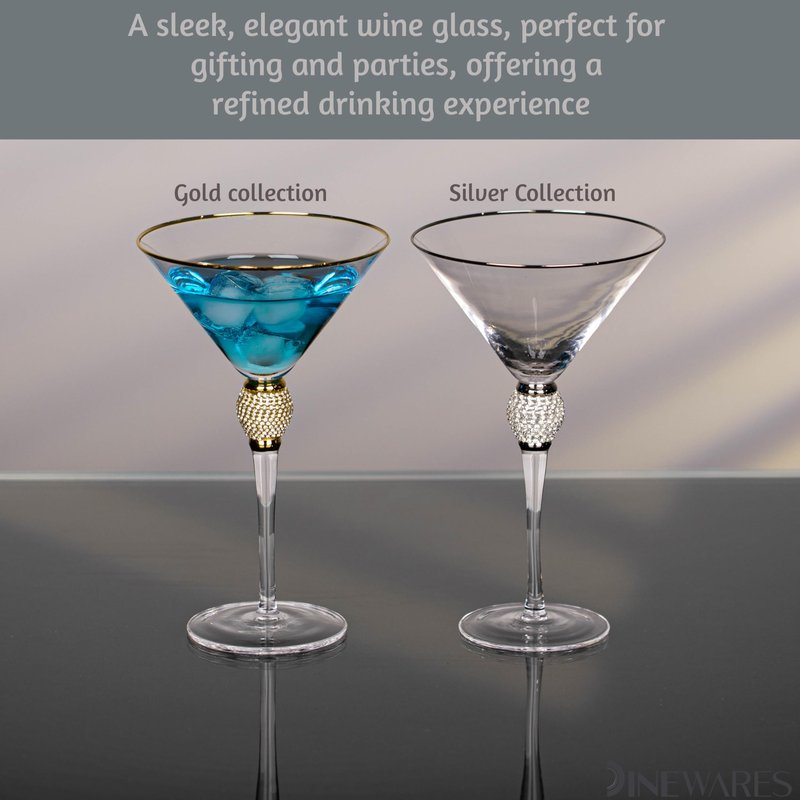 4 Piece Premium Clear Stem Crystal Martini Glasses with Gold Rim and Diamond-like Rhinestones, Elegant 10oz Glassware Set for Cosmopolitan, Vodka, Gin and Other Cocktails, Fancy Manhattan Drinkware
