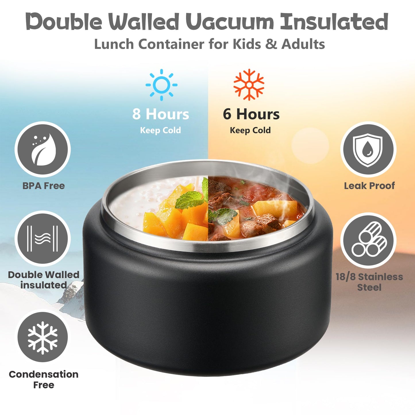 BABHAMNESS 13.5oz Soup Thermo for Hot Food Kids Insulated Vacuum Food Jar with Buckle Lid,Wide Mouth Leakproof Stainless Steel Lunch Container with Spoon-Black