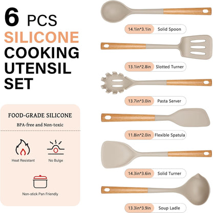 Hvygss 6Pcs Large Silicone Cooking Utensils Set: Heat Resistant Non-Stick with Wooden Handle