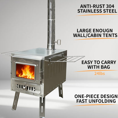 DANCHEL OUTDOOR B6 4 Season Glamping Wall Tent w/Large Wood Stove Camping, No Center Pole, Higher Side Wall,900D Flame Retardant Oxford for 6-8 Person Yurt Cabin Tent,16.4ft/5m