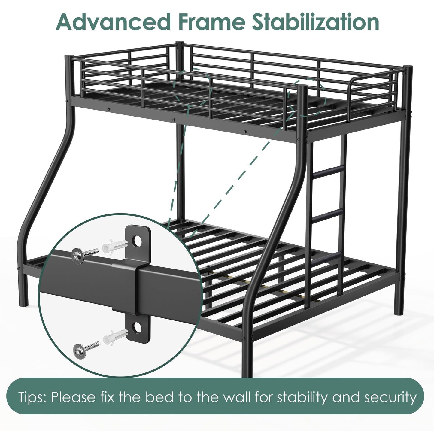 Cyranture Twin XL Over Queen Bunk Bed Size, Heavy Duty Bunk Beds with Bottom Space & Guardrail Metal Bunk Bed Frame for Adults Dorm Bedroom Guest Room, No Box Spring Needed（Upgrate Black）