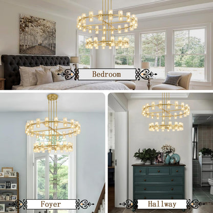 Shial Lighting 2 Tier Gold Wagon Wheel Chandelier, 108-Lights Farmhouse Pendant Light Fixture, Rustic Round Chandelier for Foyer Entryway Living Room (Dia 32"+40")