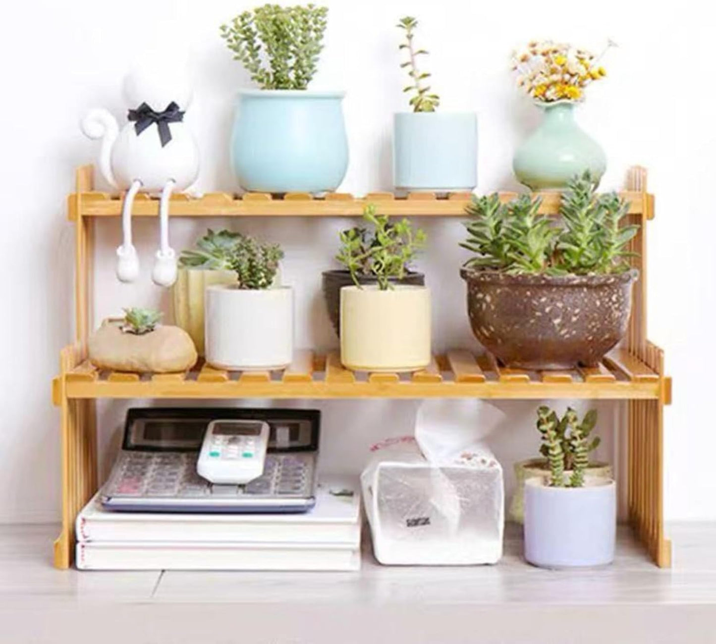 GURECOD 10.8" 2 (10.8" Tiers Bamboo Plant Stand Shelf,Desk Flower Pot Holder,Adjustable Desktop Shelf Display Organizer