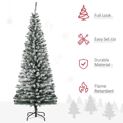 HOMOM 6ft Flocked Christmas Tree, Pencil Artificial Xmas Tree with Faux Snow, Dense Branches, Foldable Metal Base for Indoor Holiday Decor