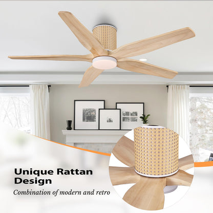 LEDLUX 54" Ceiling Fan with Light - Low Profile Flush Mount Ceiling Fan, 6-Speed Remote Control, Solid Wood, Quiet Reversible DC Motor, Wood/White Finish, for Bedroom, Living Room, Porch
