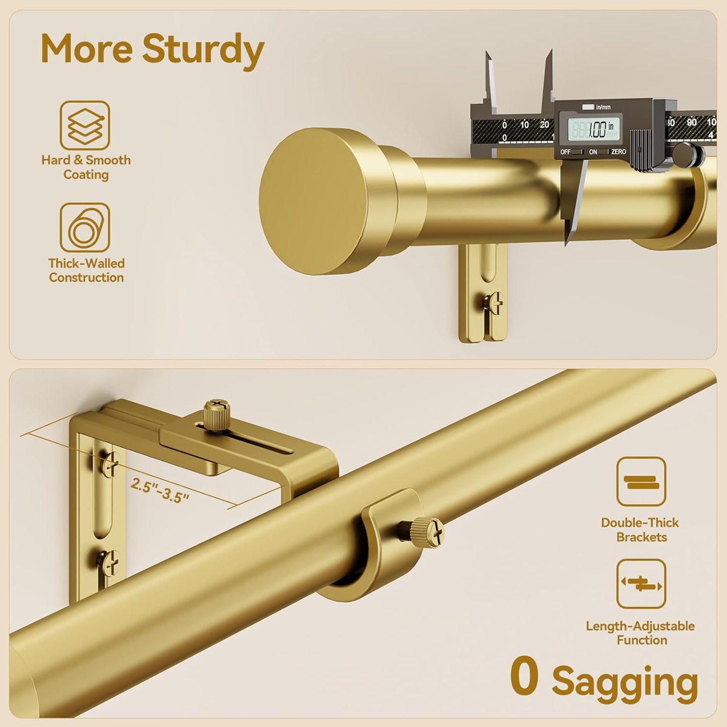 YaFex Adjustable Curtain Rods - Heavy Duty 1 Inch, 32-58 Inch, Modern Gold Design, Easy Installation
