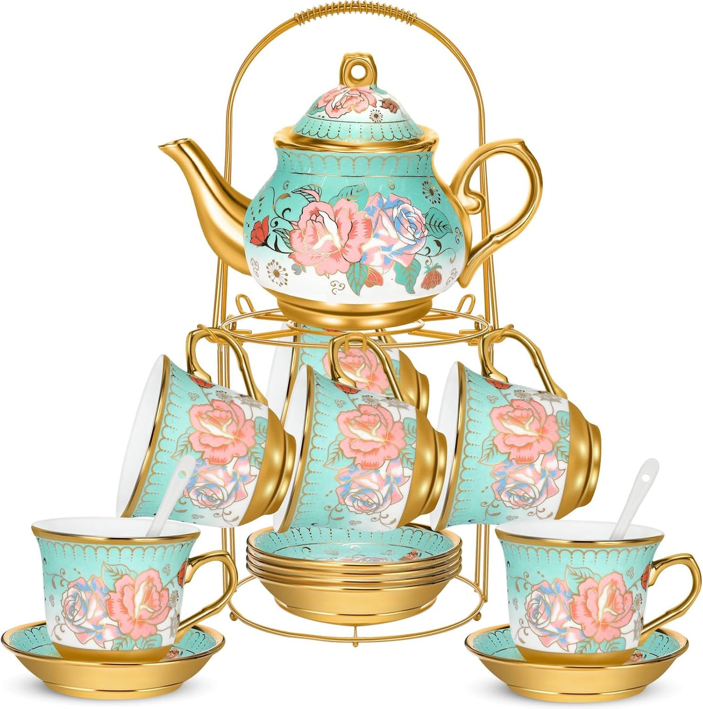 20 Set Set 6 Pcs Porcelain Tea for Adults with Metal Holder and Spoon European Ceramic Tea Party Flower Painting Teapot