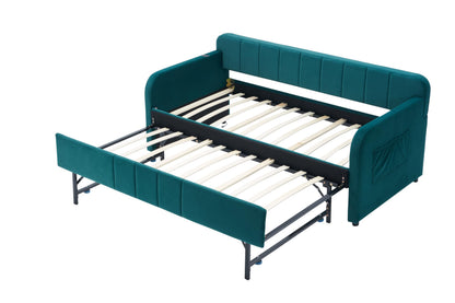 DNYN Twin Size Velvet Daybed Frame with Pop-up Trundle Bed for Bedroom Guest/Living Room, Space-Saving Upholstered Sofabed with USB Port & Side Pocket, No Box Spring Needed