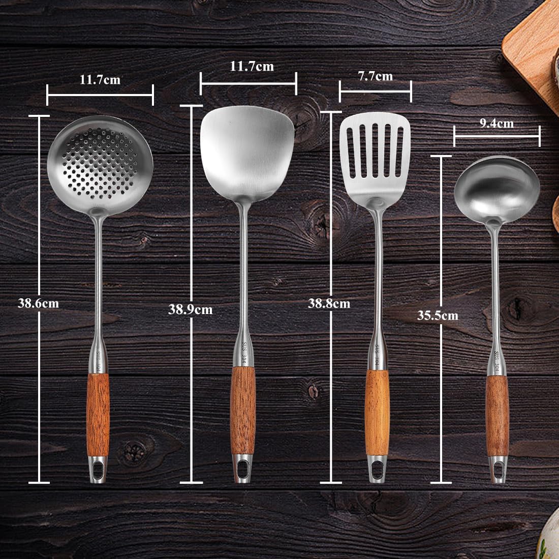 Stainless Steel Kitchen Utensil Set, 4 Pcs Cooking Cookware Set with Heat Resistant Wooden Hand