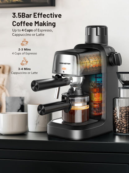 KEENSTAR 3.5Bar Espresso Machine with Milk Frother, 800W Compact Espresso and Cappuccino Machine with Preheating Function, 4 Cup Espresso Maker for Cappuccino or Latte, Gift for Coffee Lover