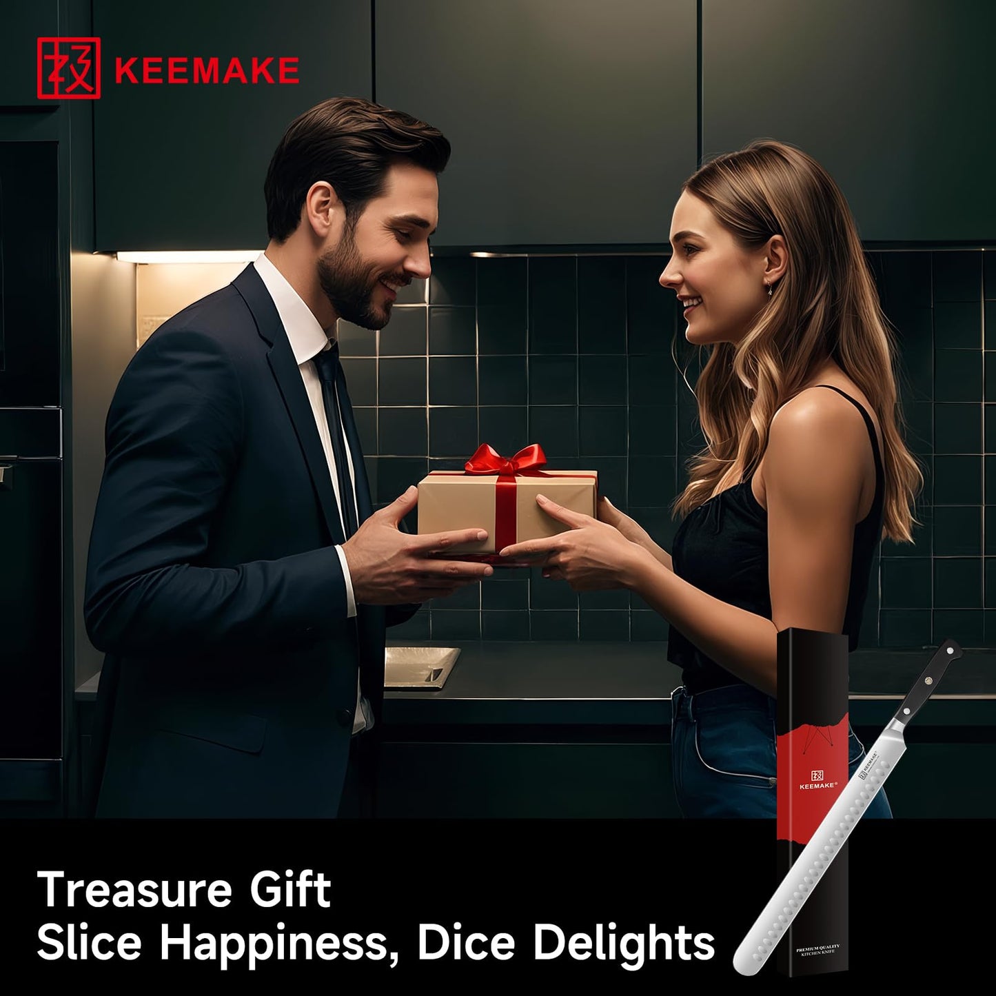 KEEMAKE Brisket Knife, 12‘’ Carving & Slicing Knife with Ergonomic Handle, German High-Carbon Steel, Sheath Included, Razor Sharp for Meat, Roasts, BBQ, Turkey, Grilling Gifts for Men