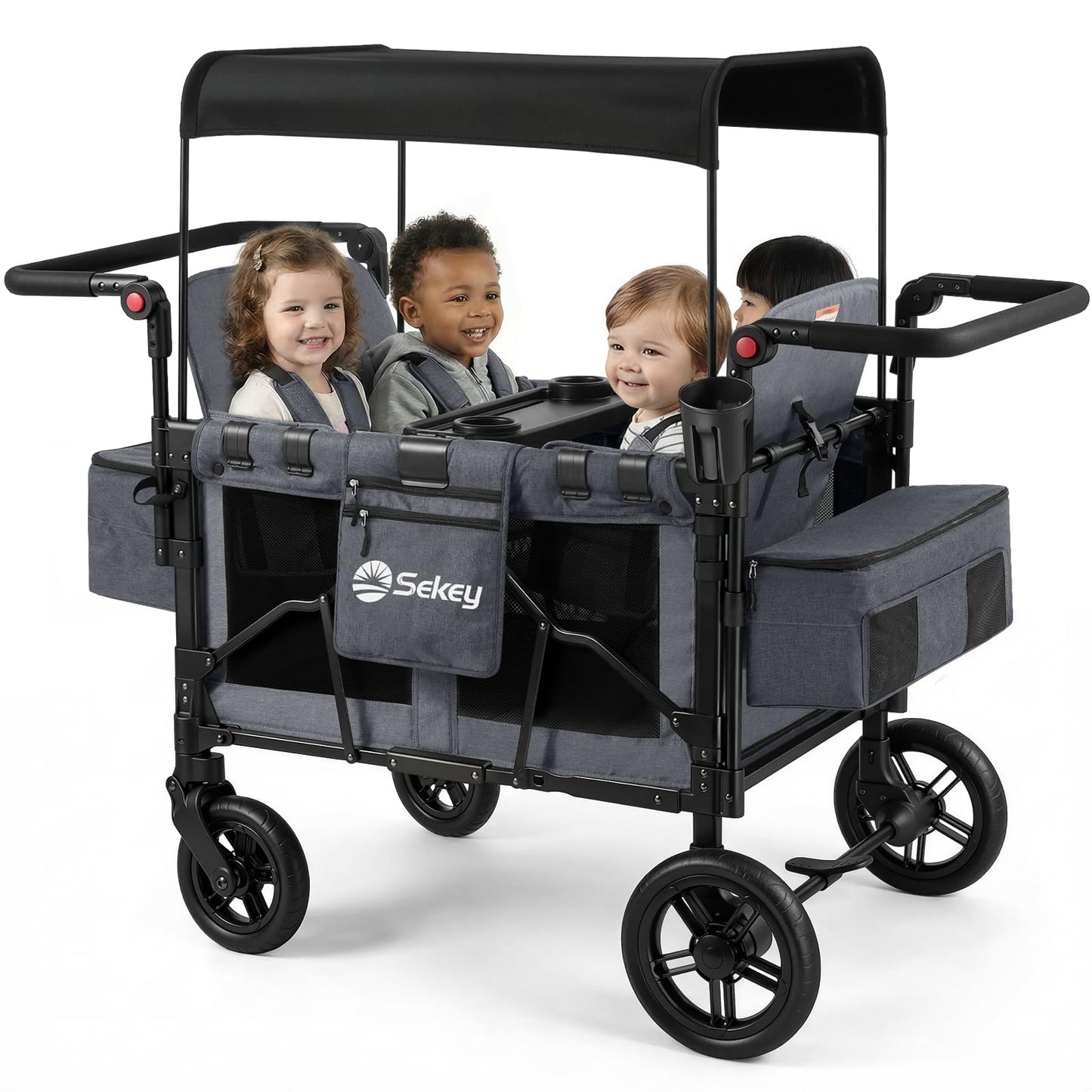 Sekey 4 Seater Stroller Wagon for Kids - Premium Quality with Convertible Seats, Adjustable Push Handles, Removable Canopy, Snack Tray & Cooler, US Certified.