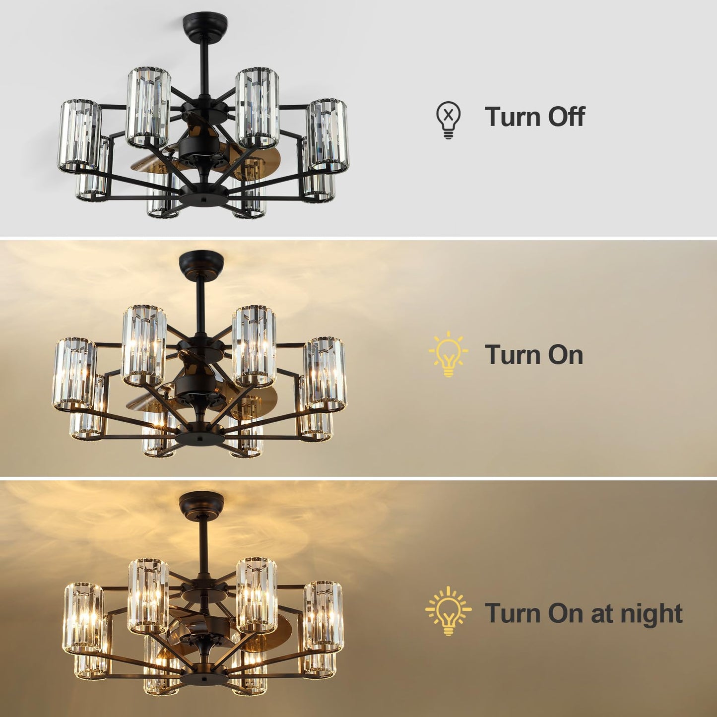MOOONICHE Crystal Chandelier Ceiling Fan Vintage Fandelier Luxury Caged Ceiling Fan with Light and Remote for Dining Room Living Room Bedroom Kitchen Farmhouse Entry, Black, Dia 34 inch, 8 Lights