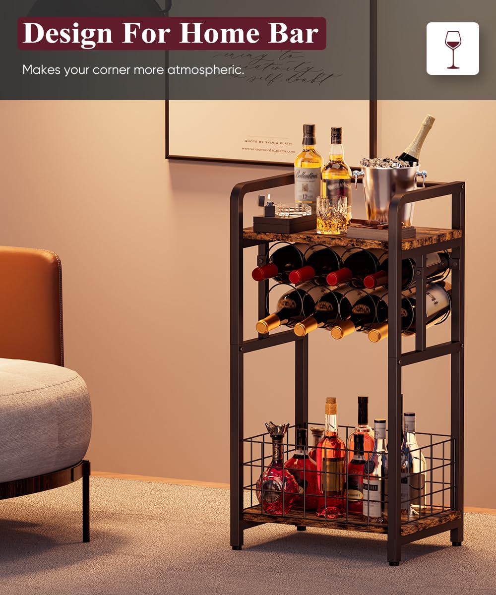 Ansionsol 3-Tier Wine Rack Freestanding Floor with Wood Top, Liquor Stand with Wine Bottle Holder, Corner Wine Bar Table for Small Space, Metal Whiskey Shlef for Kitchen, Cellar, Living Room, Black