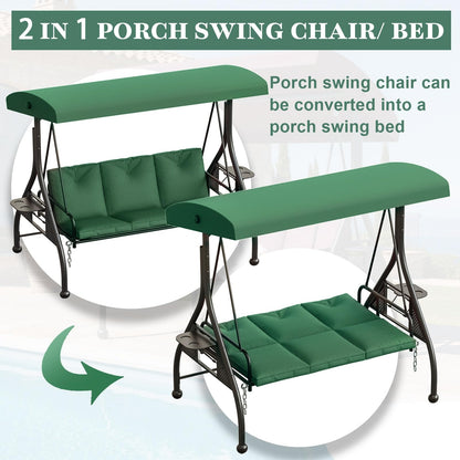 3 Person Outdoor Adult Porch Swings Bed with Stand & Adjustable Canopy, Patio Swing Daybed with Foldable Side Tray w/Thicken Cushions for Adults for Balcony Garden Deck Green