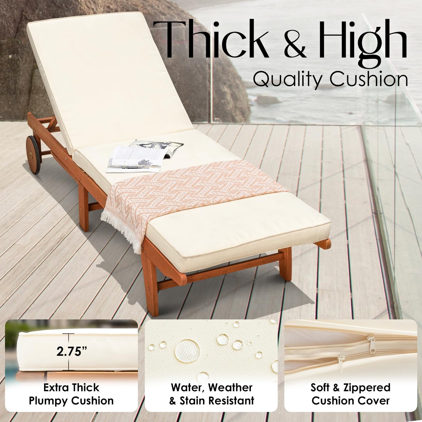 IDZO Upgraded Cushion Outdoor, 500lbs Capacity Patio Pool Loungers, Stackable and Foldable Design, Reclining Backrest, Federica Wood Chaise Lounge, Brown