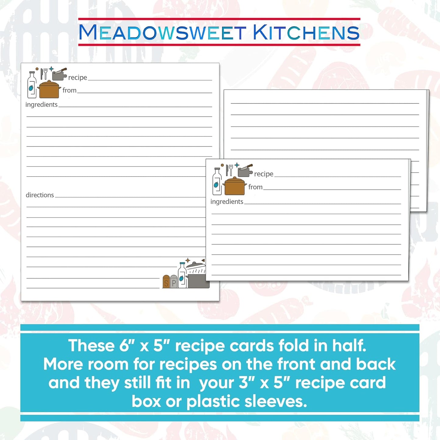 Folding Recipe Card Set: 25 Blank 3 x 5 Inch Cards for Recipe Card Box by Meadowsweet Kitchens