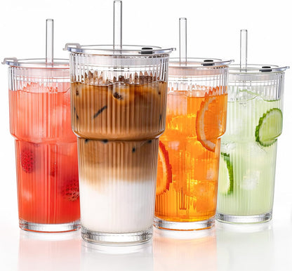 20oz 4 Pack GOSCHE Glass Tumblers with Straws and Lids, Ribbed Iced Coffee Cups Leak-proof, Dishwasher Safe, Thickened