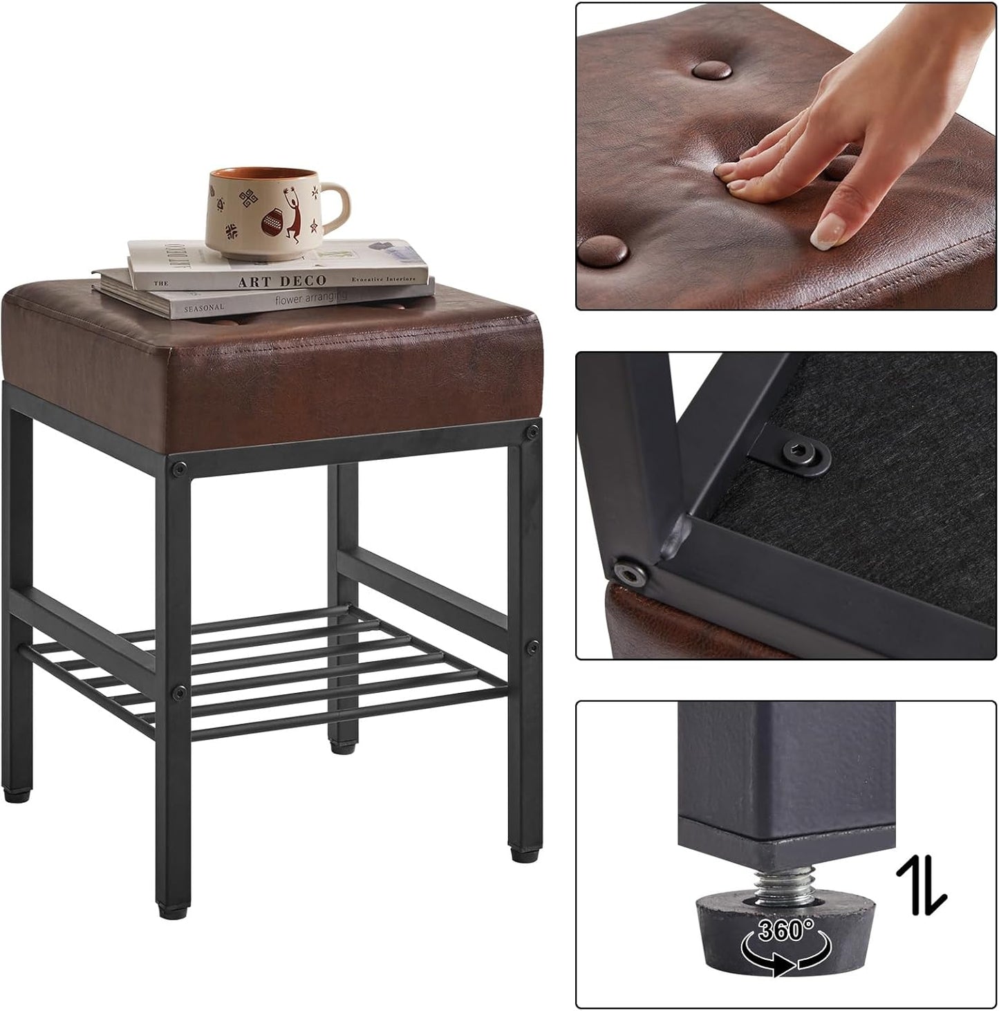 16.34 inches LG-60Z IBUYKE Square Stool with Adjustable Feet and Storage Space, Footrest Chair,Multi-Use as Small Side