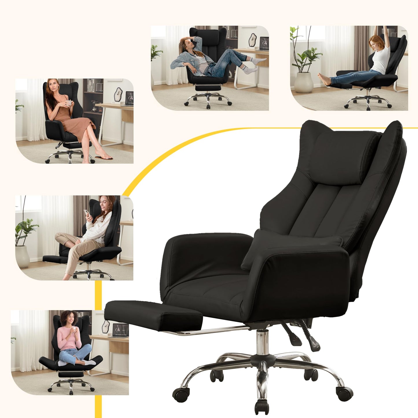 Ergonomic Cloud Cross Legged Office Chair with Footrest,Leather Big and Tall Executive Chair with Wheels,Reversible Armrest,155° Reclining Computer Wide Desk Chair for Home,Office (Black)