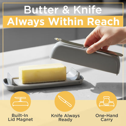 Butter Hub Plastic Butter Dish with Lid and Knife - Mothers Day Gift, Covered Dish Keeper with Magnetic Knife Holder, Easy Scoop, No Mess Lid Container, Dishwasher Safe, BPA-Free - Black, US Regular