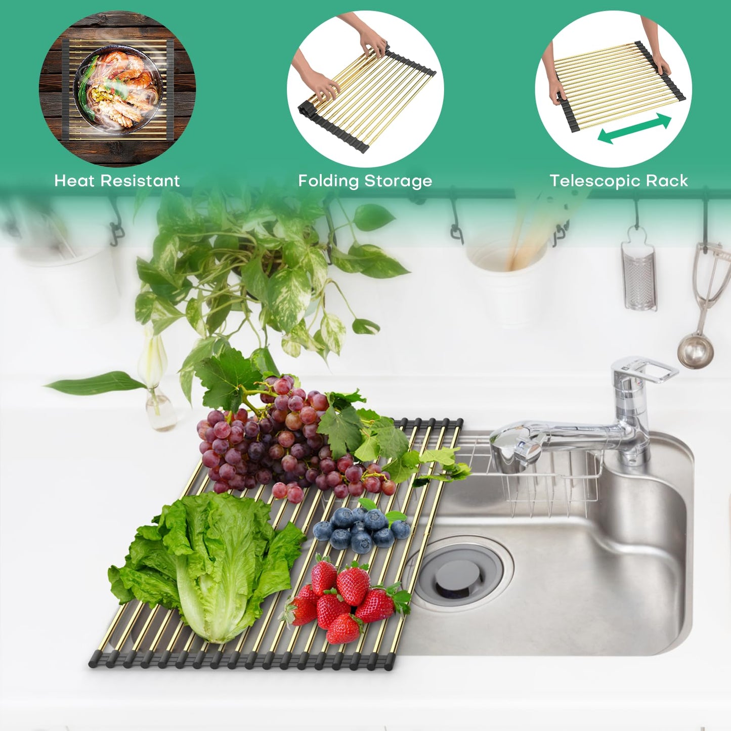AXIMIXAME Expandable Large Draining Rack, Roll Up Heat-Resistant Dish Drainer for Stainless Steel Sinks, Collapsible Over The Sink Rack Non-Slip Silicone Rolling Up Rack Gold 18 Tube