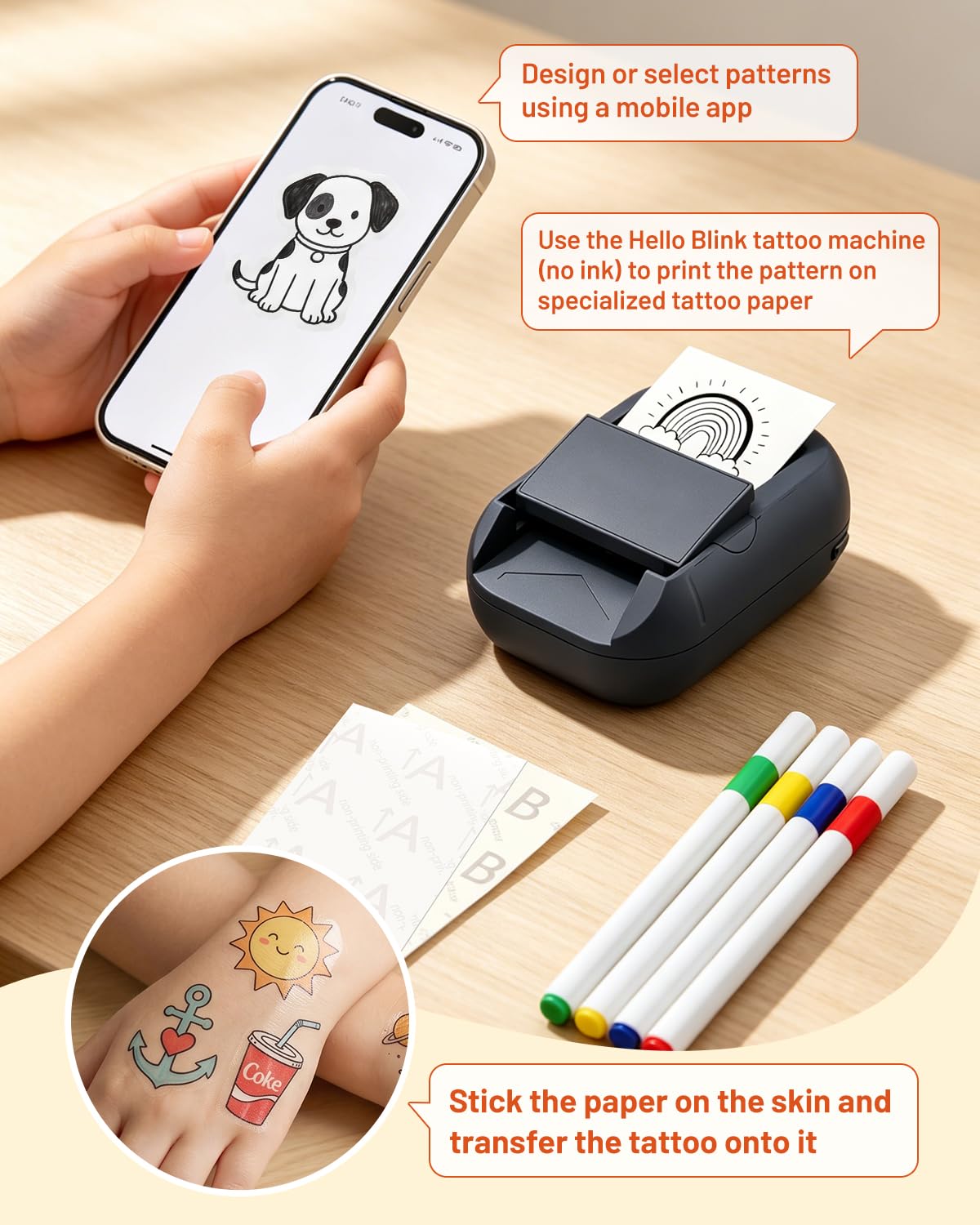 Compatible with Hello Blink Tattoo Maker Refill Pack,Includes 60pcs Tattoo&Transfer Papers and 4 Markers, Temporary tattoos, constantly creative