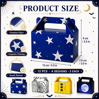 12 Pcs Spooky Themed Party Favor Boxes Cartoon Movie Theme Treat Paper Boxes Spider Star Moon Button Paper Box Halloween Supplies Spider Birthday Themed Favor Box for Celebration Party Supplies