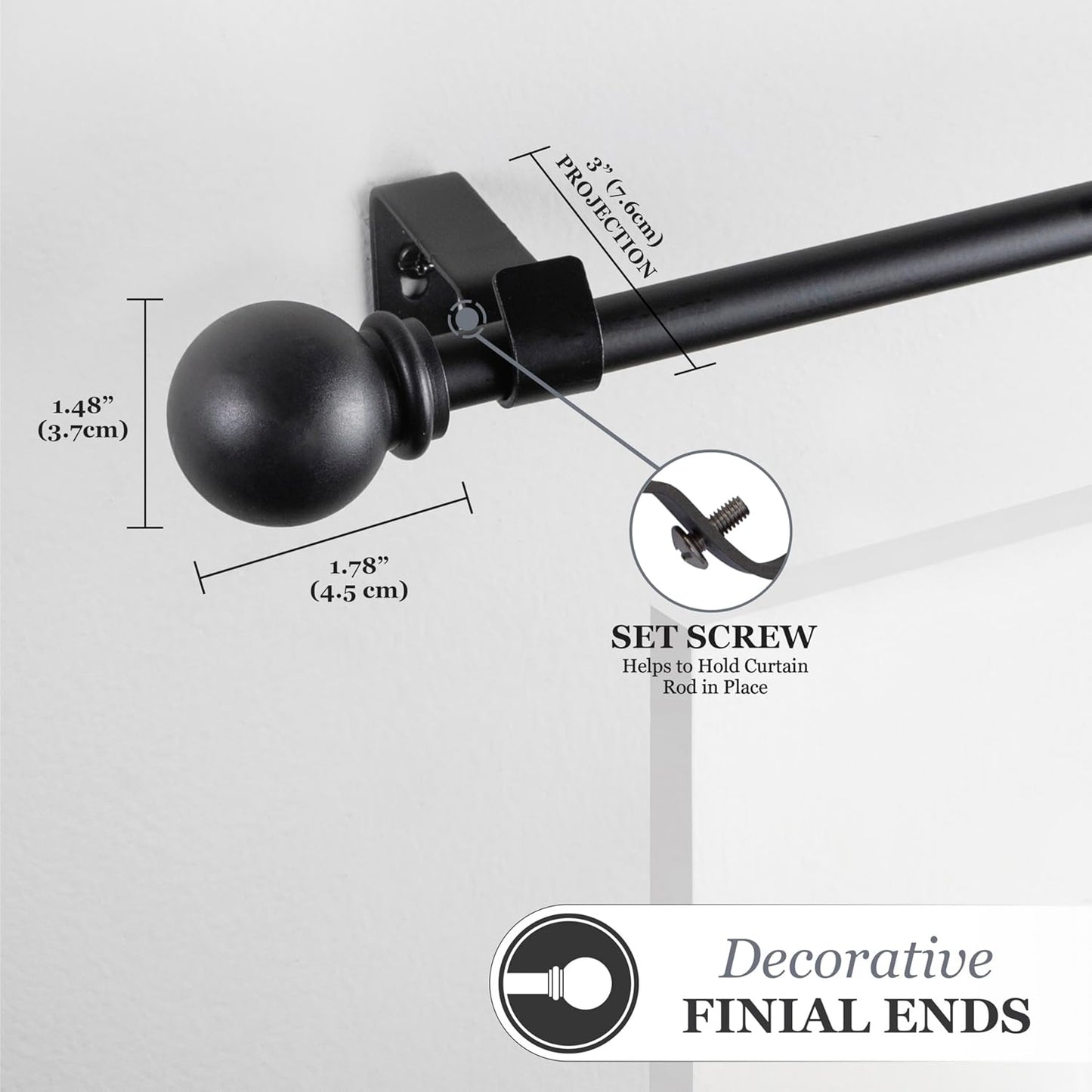 Kenney Chelsea Ball End Window Curtain Rod, Adjustable 28 to 48 Inches, Extendable Set, Black