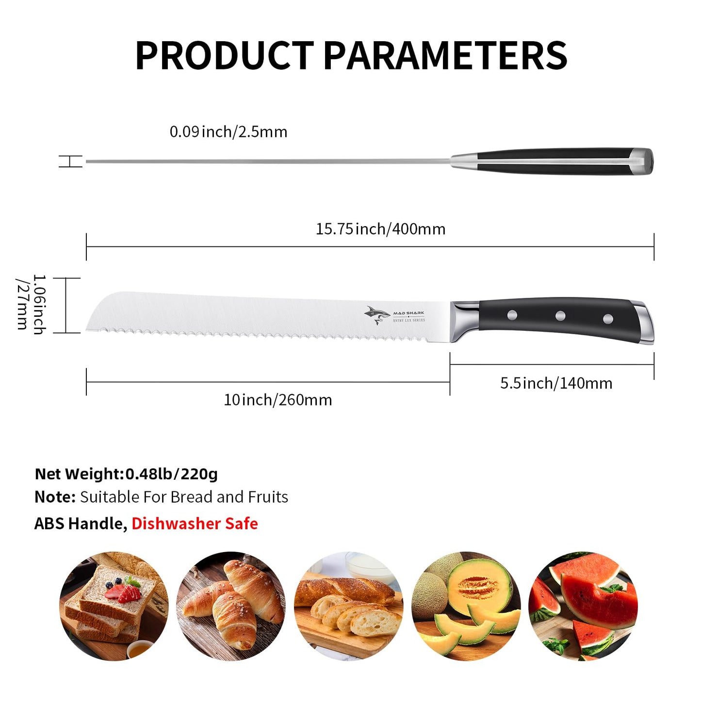 MAD SHARK Bread Knife, Sourdough Bread Knives, Bread Cutter Razor Sharp Edge for Efficient Slicing Sourdough, Bagels, Cake Cutter, 10 Inch Serrated Knife