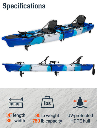 Upgraded Brooklyn 14.0 Tandem Pedal Kayak with Propeller Drive by BKC, 2-Person Sit-On-Top Fishing Kayak, Hand Rudder, Rod Holders, Large Storage, Stable 14ft Hull
