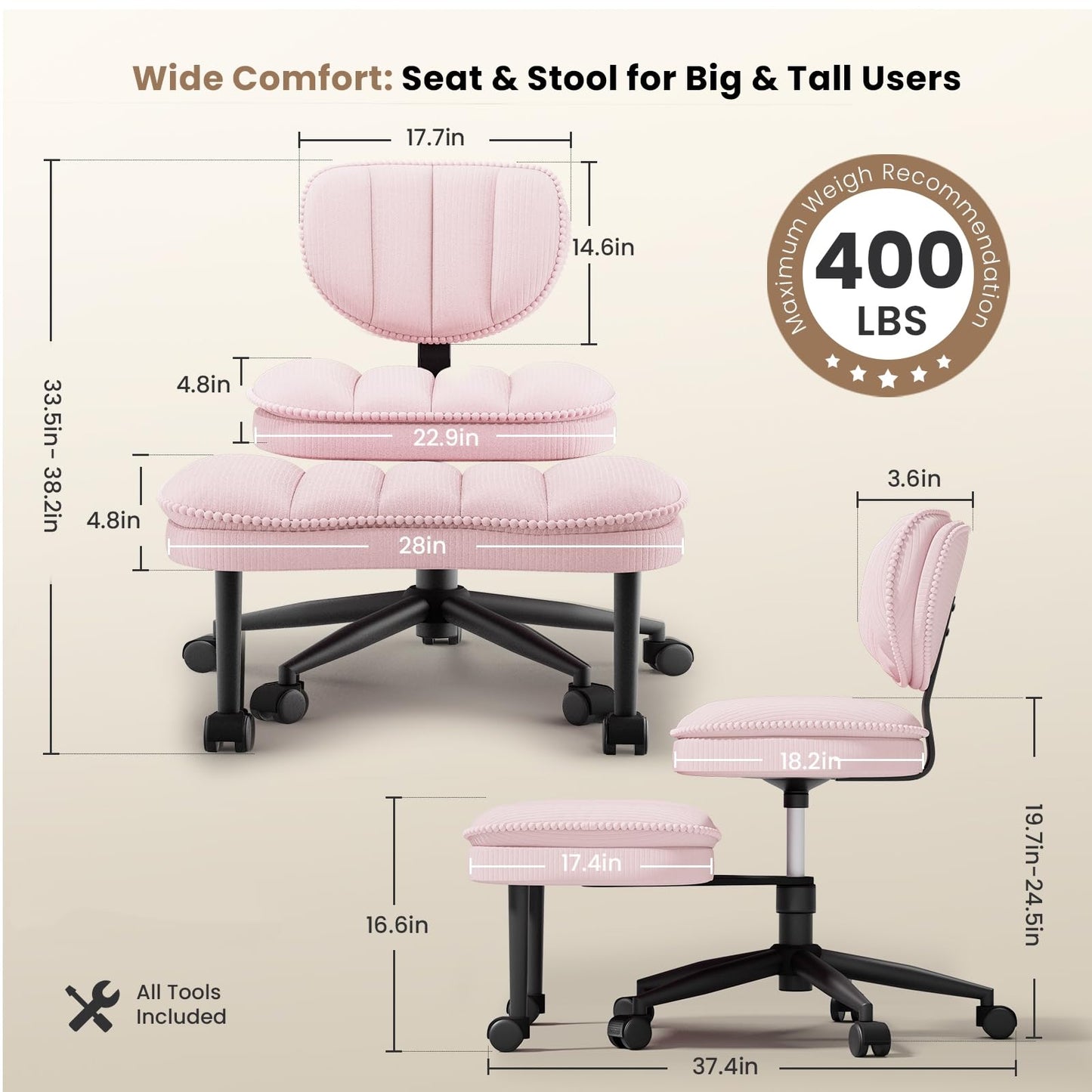 HOMRELEXA Extra-Wide & Tall Cross-Legged Office Chair – Deeply-Padded Cloud Seat, Ergonomic Back Support, Adjustable Height for ADHD & Meditation, Pink