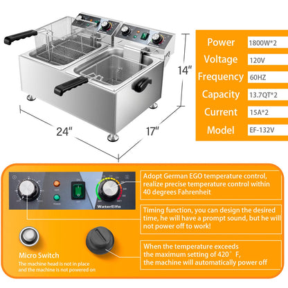 WaterElfo Deep Fryer Commercial Deep Fryers With Basket13Lx2 13.7Qt x 2 Thicken With Precise Temperature Control Timer Double Deep Fryer With 2 Baskets1800Wattsx2 120V Countertop Fryer Restaurant