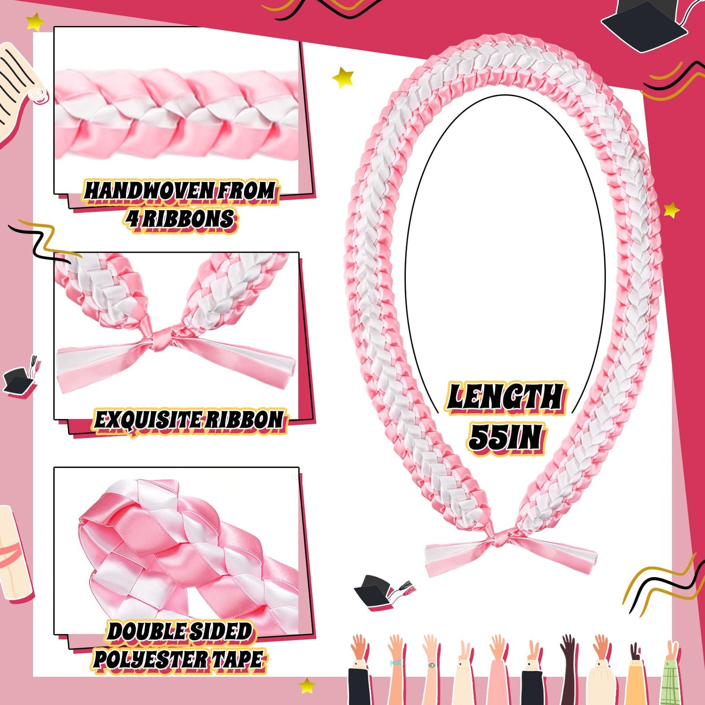 Suncalla 2pcs Pink Graduation Leis Class of 2026 Coquette Money Butterfly Ribbon Leis for Graduation Necklace with Pins Braided Ribbon Necklace for Grad Gift High School University Ceremony DIY Decor