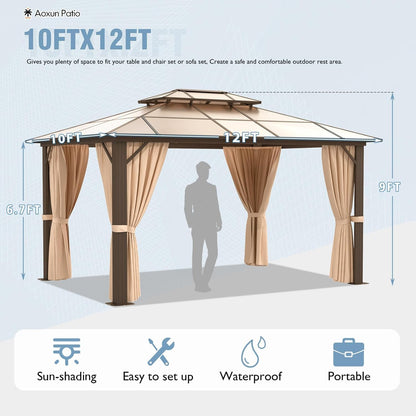Hardtop Gazebo, Aluminum Frame Permanent Pavilion with Curtains and Netting, Outdoor Polycarbonate Gazebo, Double Roof Canopy, for Gardens, Patios, Lawns 10x12FT