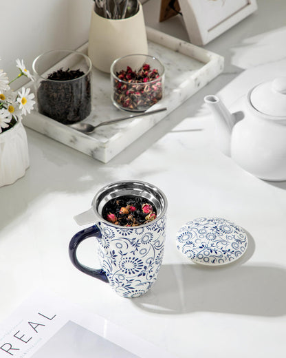 vancasso SELENE Porcelain Tea Mug, 18 oz Porcelain Tea Cup with Infuser and Lid Steeps Loose Leaf Tea, Microwave & Dishwasher Safe, Floral Bloom