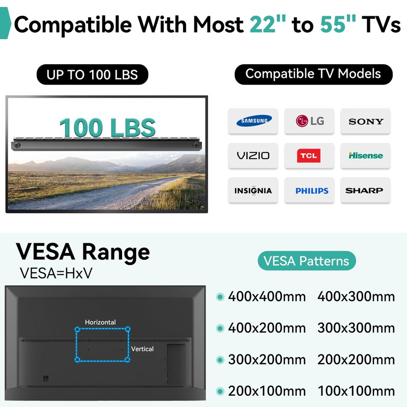 Auoace No Drill TV Wall Mount for 22 to 55 inch TVs, Drywall Smart TV Bracket Tilts Up to 5°, Low Profile TVs Mount up to 100 Lbs, Fast to Install for Bedroom, Living Room, Include All Hardware kit