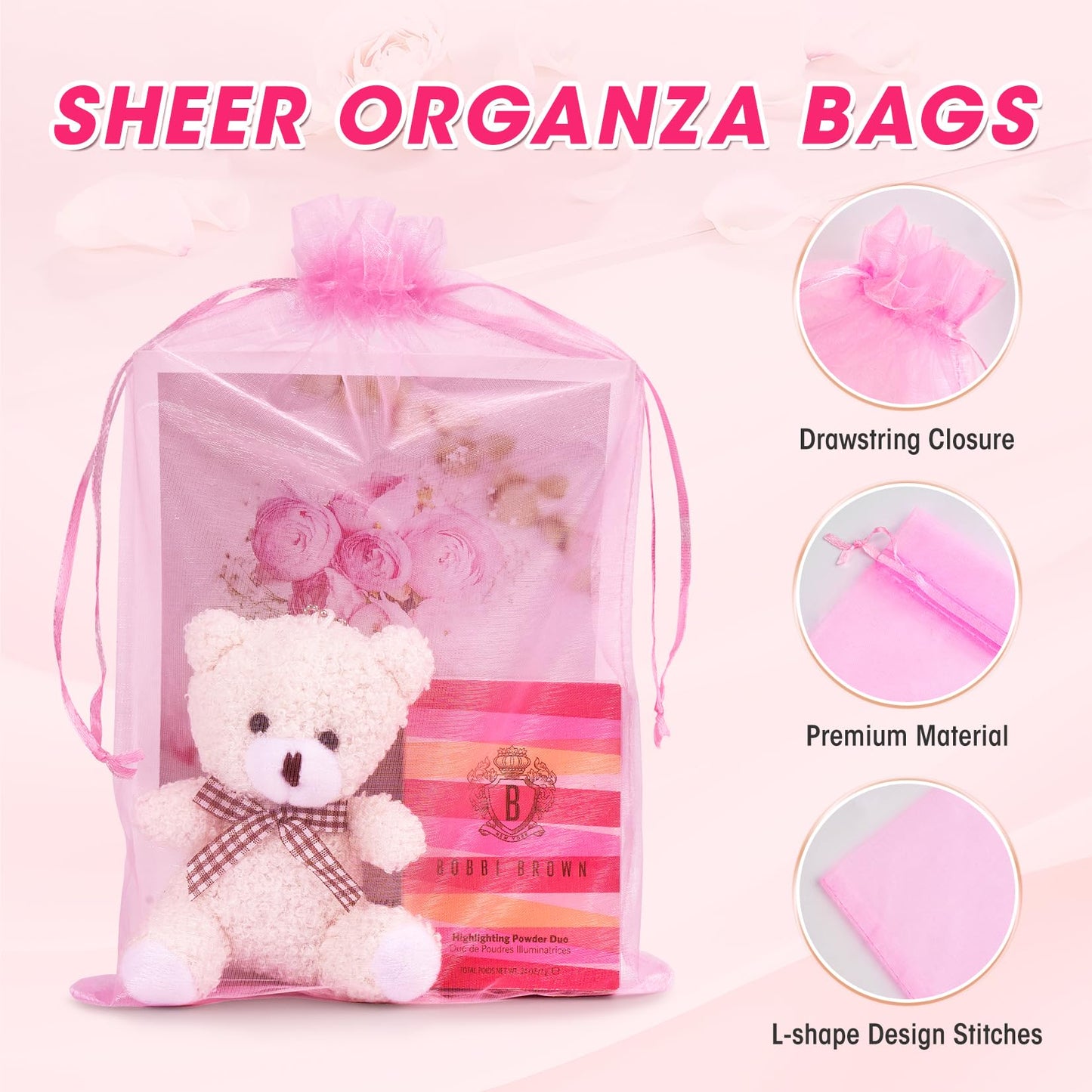 ANZNKU 8x12 in 50 Pack Pink Organza Bags, Small Gift Bags Bulk for Wedding Baby Shower Birthday Candy Party Favors, Large Sheer Mesh Goodie Bags Drawstring for Jewelry Craft Sachet & Gifts Wrap