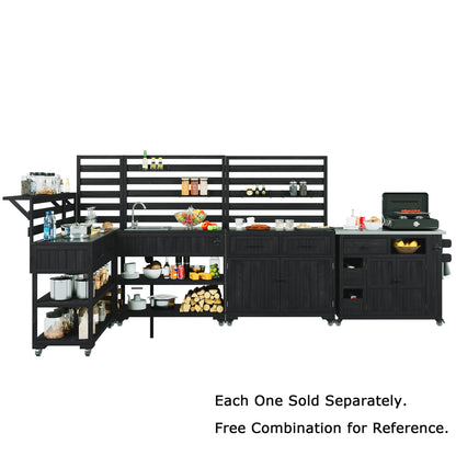 Merax Outdoor Extendable Kitchen Island with Storage, Stainless Steel Top Grill Table with Side Spice Rack, Solid Wood Kitchen Cart with Drawers and Storage Cabinet for Backyard, BBQ, Party