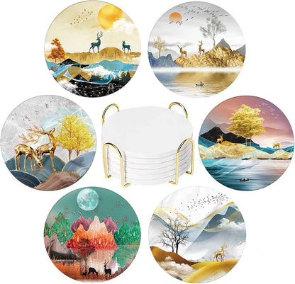 Set 6 Drink Coasters of with Holder, Ceramic Absorbent Boho Coaster for Drinks with Base and Golden Holder