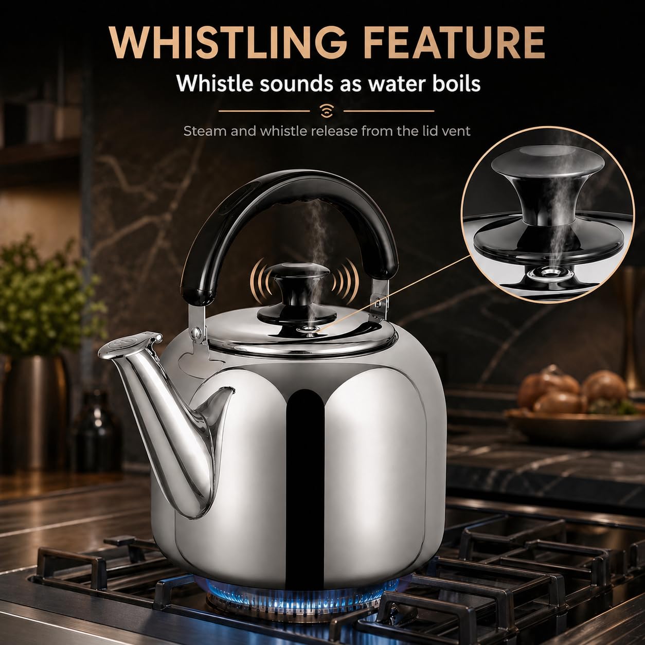 Whistling Stovetop Tea Kettle,Food Grade 316 Stainless Steel,Hot Water Fast to Boil,Stovetop Kettle with Ergonomic Handle,3.1 Quart Capacity