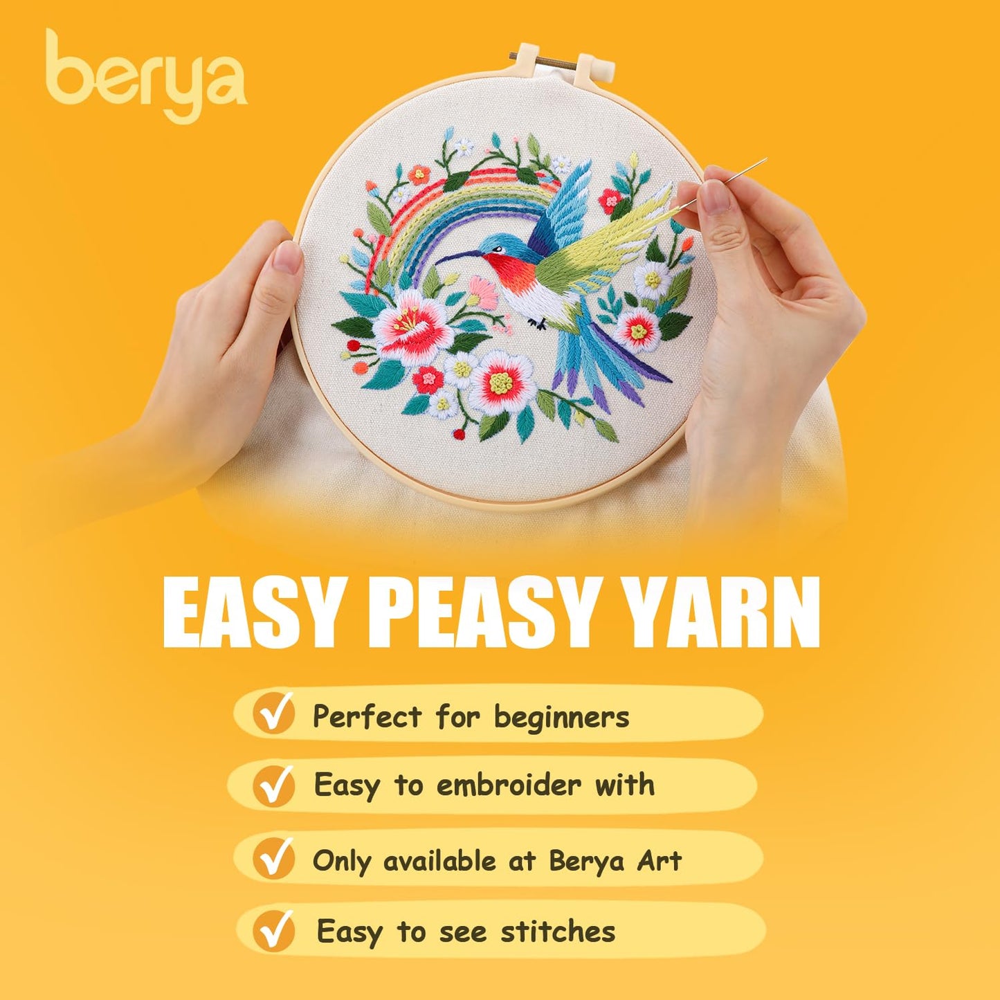 BERYA Embroidery Starter Kit for Beginners, Canvas Tote Bag with Pre-Printed Floral Pattern, DIY Cross Stitch Kit Including Hoop, Color Threads, Tools and Instructions (Fly Song)