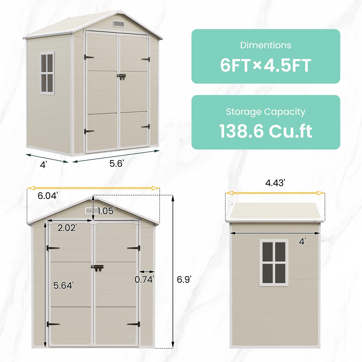 UDPATIO Outdoor Storage Shed 6x4.5 FT, Garden Resin Shed for Bike, Garbage Can, Tools, Outside Plastic Sheds with Floor for Backyard, Patio, Lawn, Sandstone