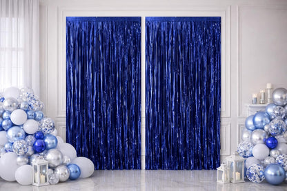 Metallic Foil Fringe Curtain Backdrop by [Brand Name] - Dark Blue | 3.2ft x 6.4ft Party Decor for Events