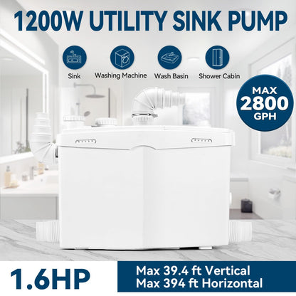 1200W Utility Sink Pump with Blade PCB Function Under Sink Pump Upflush to 39.4FT 2800GPH with 4 Water Inlets 2 Outlets Macerating Toilet System for Sink Shower Washing Machine Kitchen Basement