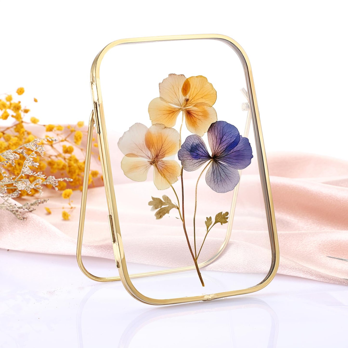 OGANAZI 4x6 Inch Double Glass Pressed Flower Frame - Golden Floating Frames for Dried Flowers, Art, Photos | Vintage Pressed Flower Frame Tabletop Display Holder for Home Plant Specimen (Oblong Shape)